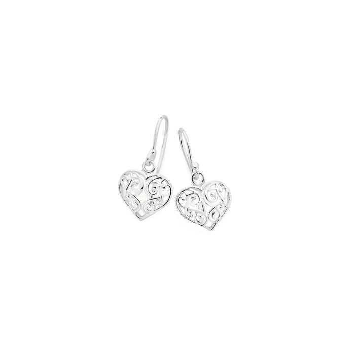 Sterling Silver Filigree Heart Drop Hook Earrings