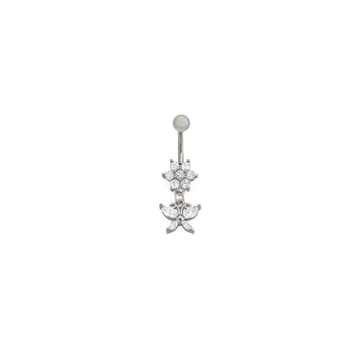 Sterling Silver & Stainless Steel Cubic Zirconia Butterfly on Flower Belly Bar