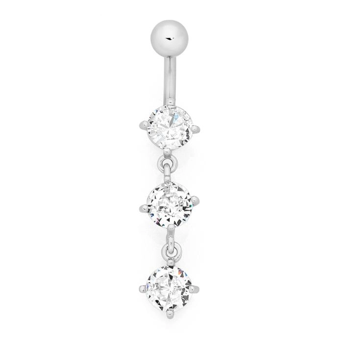 Sterling Silver & Stainless Steel Three Cubic Zirconia Belly Bar