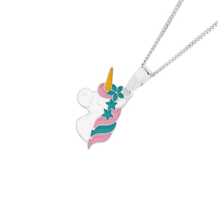 Sterling Silver White, Pink & Teal Enamel Unicorn Pendant