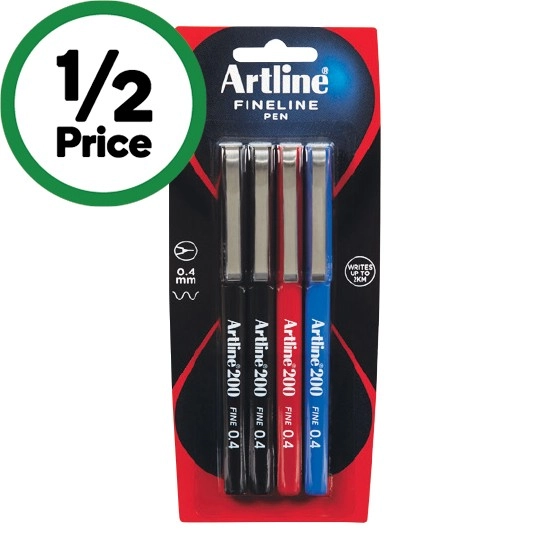 Artline 200 Fineline 0.4mm Pens Assorted Colours Pk 4