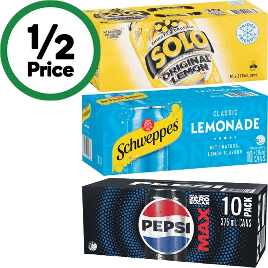 Pepsi, Solo, Mountain Dew or Schweppes Lemonade Soft Drink Varieties 10 x 375ml