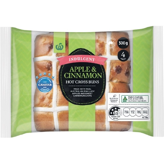 Woolworths Indulgent Apple & Cinnamon Hot Cross Buns Pk 4