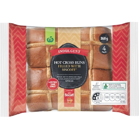 Woolworths Indulgent Biscoff® Filled Hot Cross Buns Pk 4