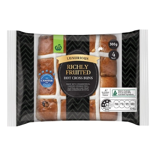 Woolworths Luxurious Richly Fruited Hot Cross Buns Pk 4