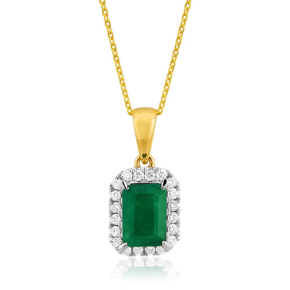 1 Carat Natural Emerald & Diamond Pendant with 45cm Chain in 9ct Yello – Shiels Jewellers