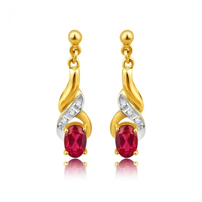 9ct Alluring Yellow Gold Created Ruby + Diamond Drop Earrings – Shiels Jewellers