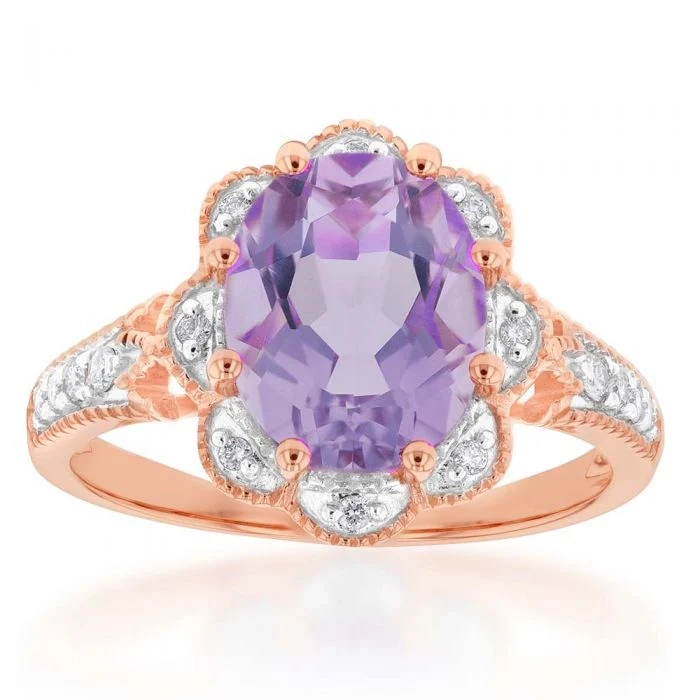 9ct Rose Gold 2.40ct Amethyst and 1/10 Carat Diamond Ring – Shiels Jewellers