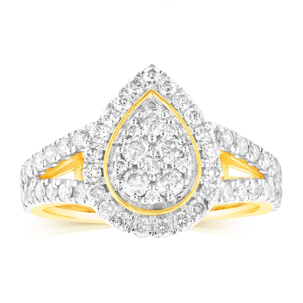 9ct Yellow Gold 1 Carat Diamond Pear Shape Cluster Split Shank Ring – Shiels Jewellers