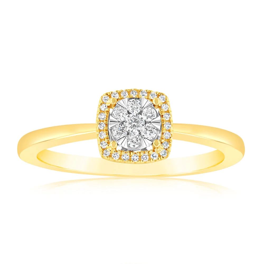 9ct Yellow Gold 1/6 Carat Diamond Cluster Halo Ring – Shiels Jewellers