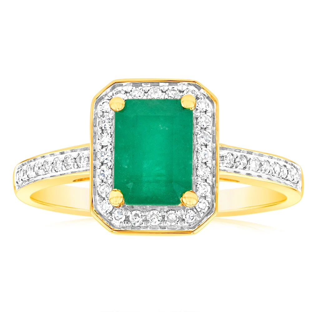 9ct Yellow Gold 1ct Natural Emerald and 0.15 Carat Diamond Ring – Shiels Jewellers