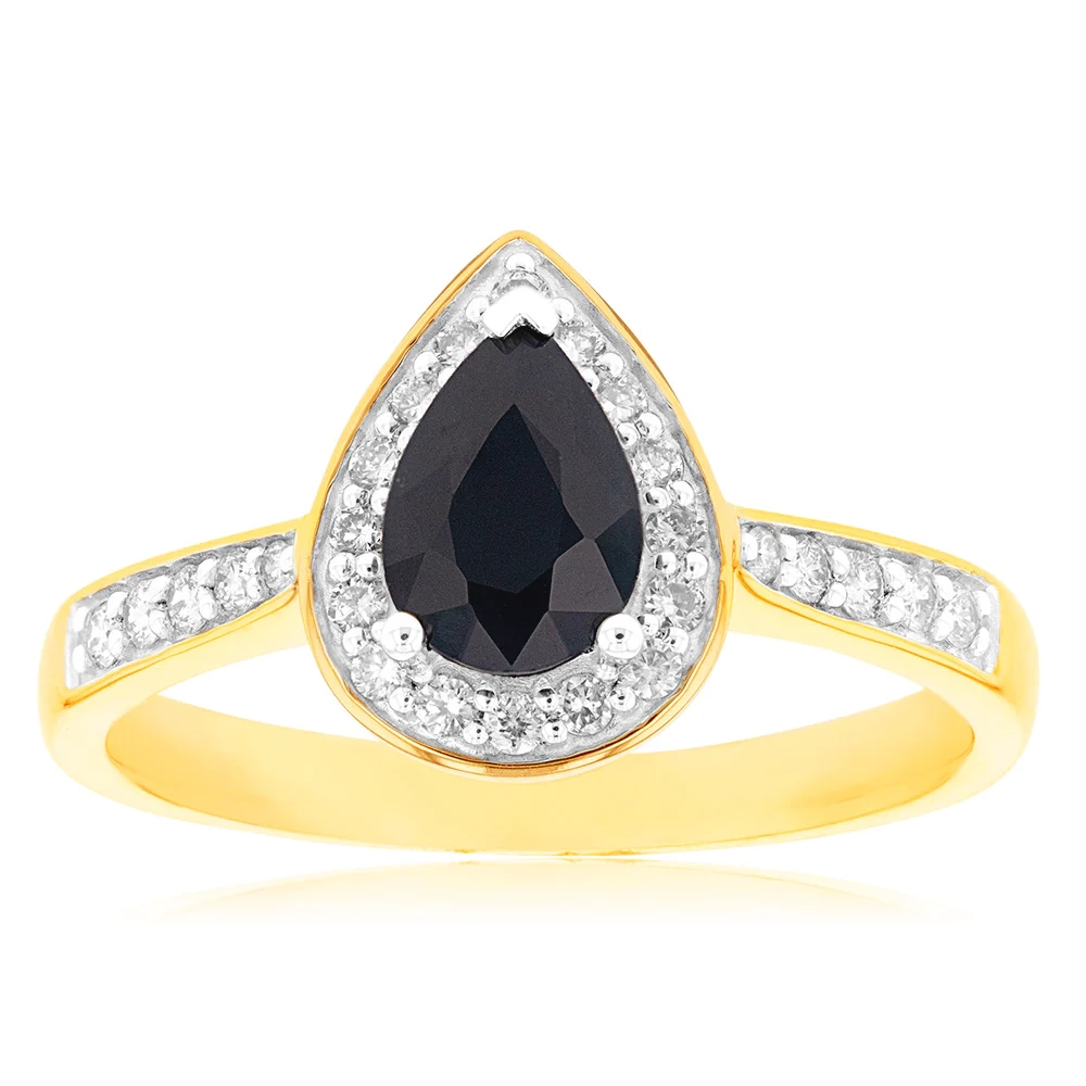 9ct Yellow Gold 1ct Natural Sapphire and 1/5 Carat Diamond Pear Halo R – Shiels Jewellers