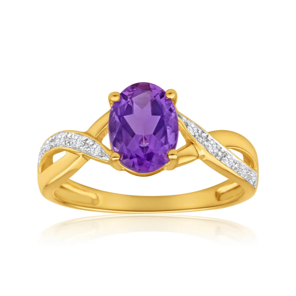 9ct Yellow Gold Amethyst + Diamond Cross Over Ring – Shiels Jewellers