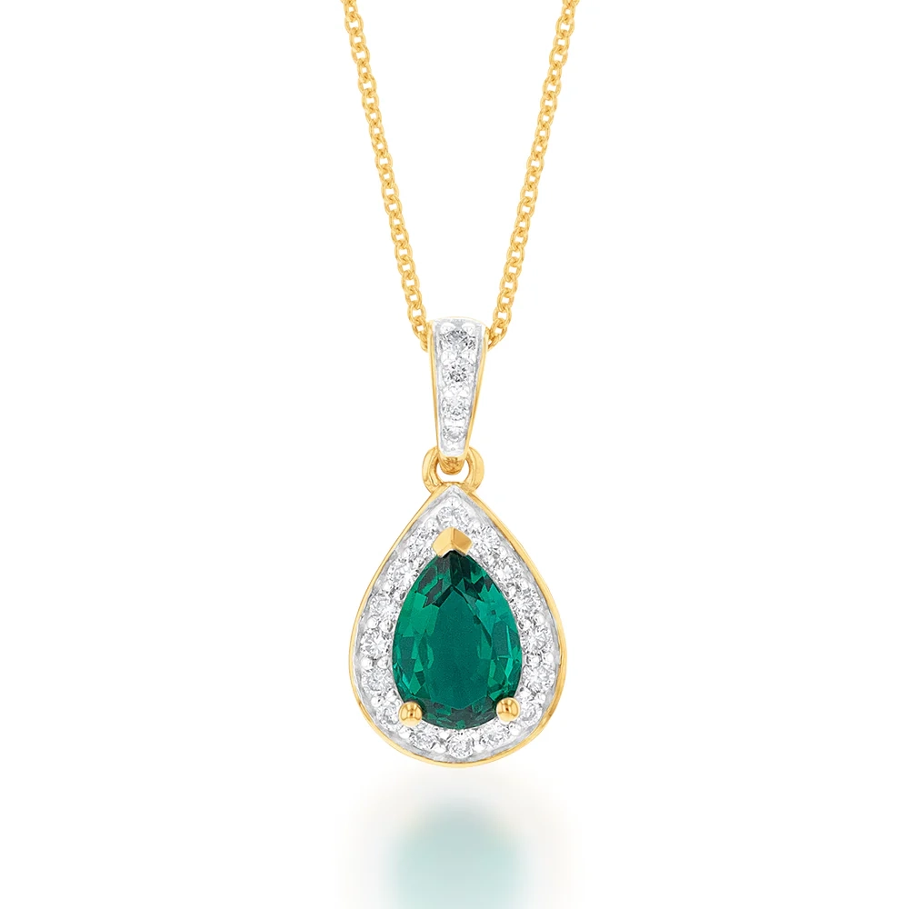 9ct Yellow Gold Created Emerald and 0.15 Carat Diamond Pear Halo Penda – Shiels Jewellers