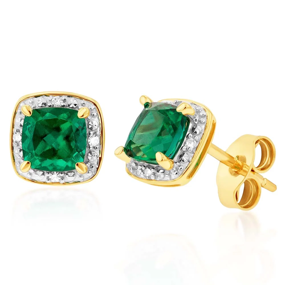 9ct Yellow Gold Created Emerald and Diamond Cushion Cut Studs – Shiels Jewellers