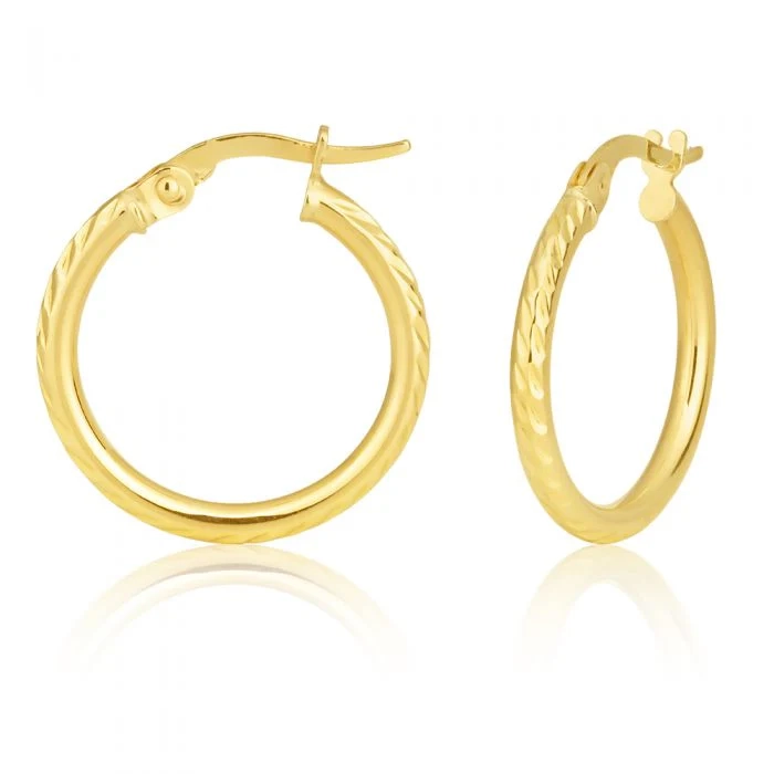 9ct Yellow Gold Diamond Cut 15mm Hoop Earrings – Shiels Jewellers