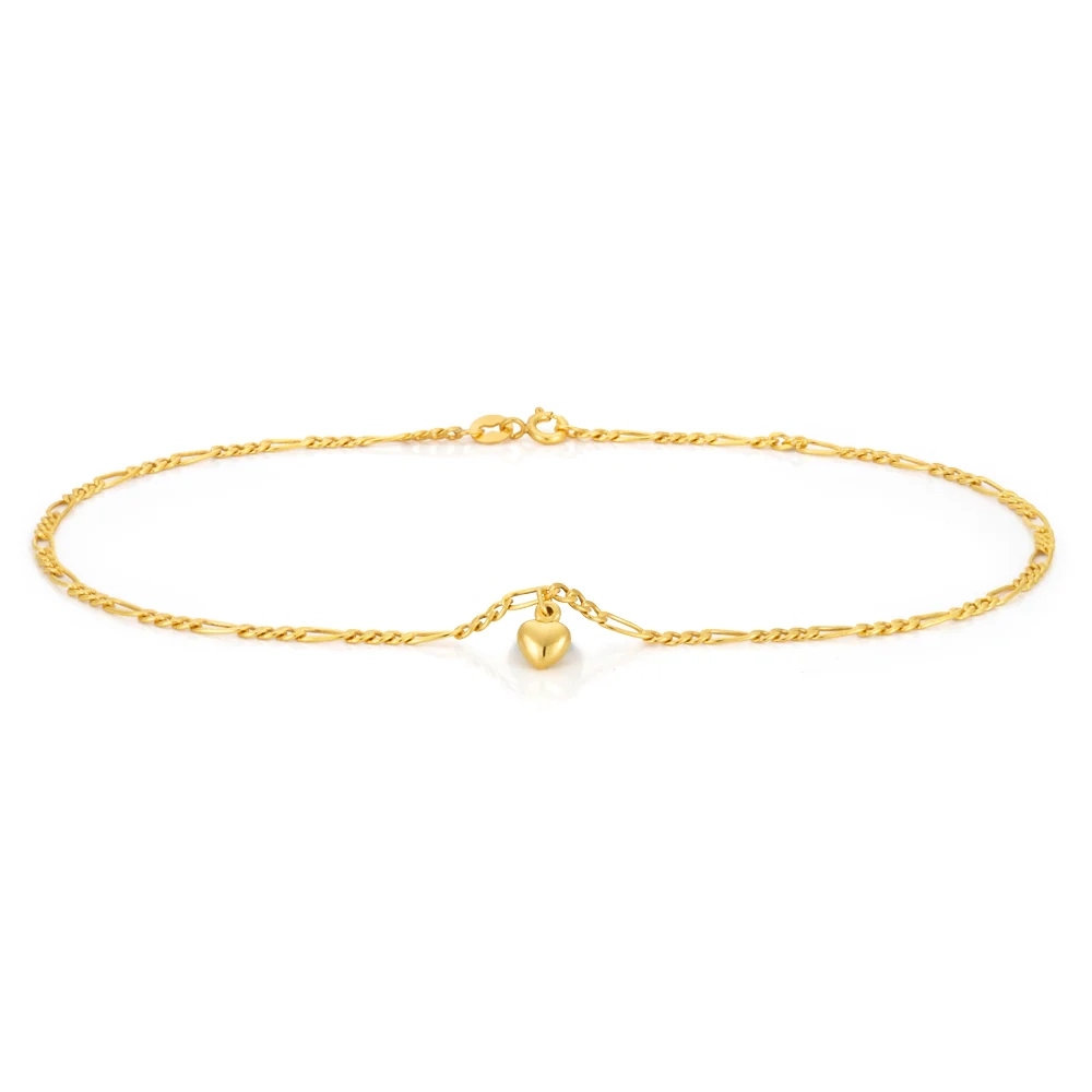 9ct Yellow Gold Heart Charm 3:1 Figaro 29cm Anklet – Shiels Jewellers