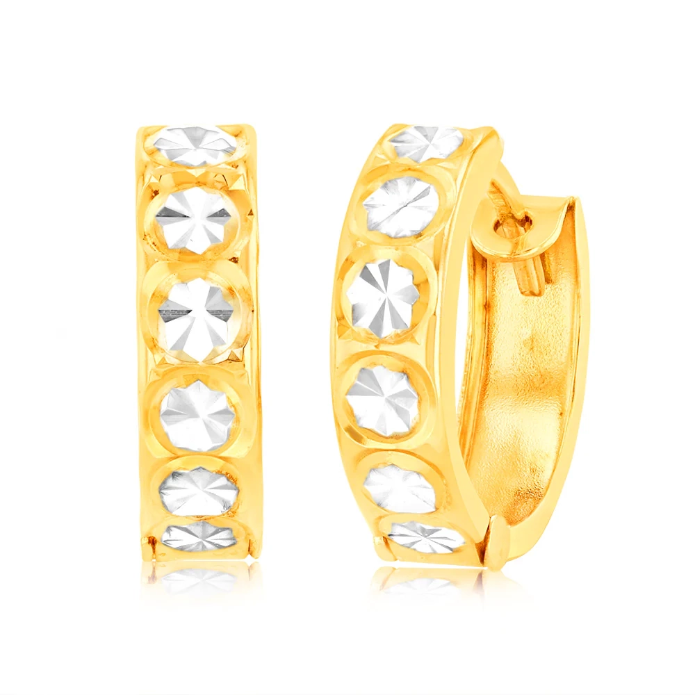 9ct Yellow Gold Huggie Hoop Earrings with diamond cut feature with Rho – Shiels Jewellers