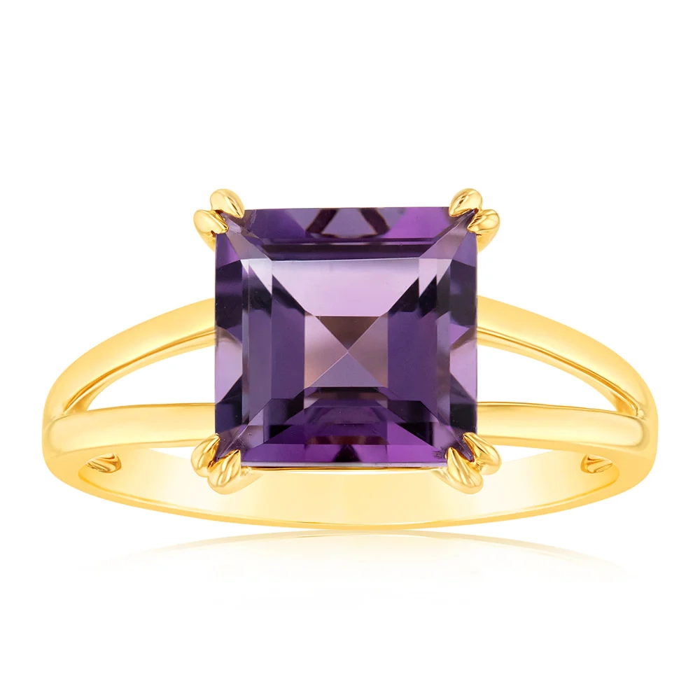 9ct Yellow Gold Natural Amethyst Ascher Cut Claw Set Ring with Split S – Shiels Jewellers