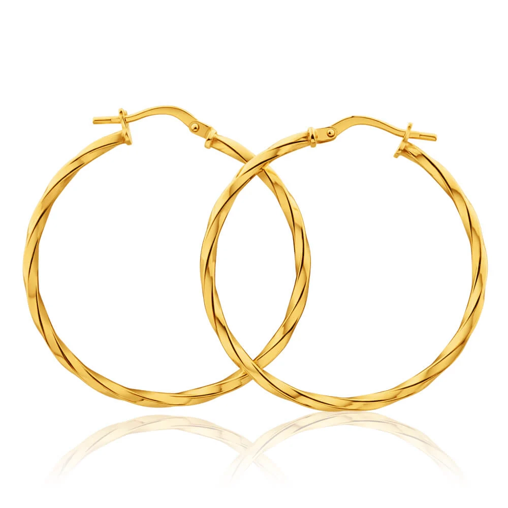 9ct Yellow Gold Silver Filled Twist 30mm Hoop Earrings – Shiels Jewellers