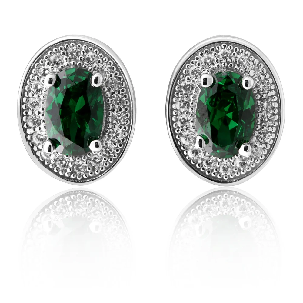 Sterling Silver Created Emerald and Zirconia Oval Halo Studs – Shiels Jewellers