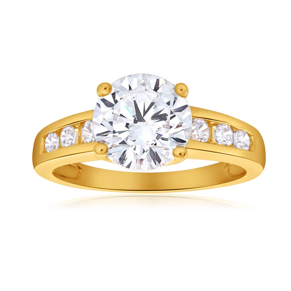 Zirconia Ring wtih 6 Channel Set Side Zirconias in 9ct Yellow Gold – Shiels Jewellers