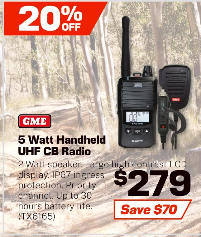 GME 5/1 Watt UHF CB Handheld Radio including Accessories - TX6165