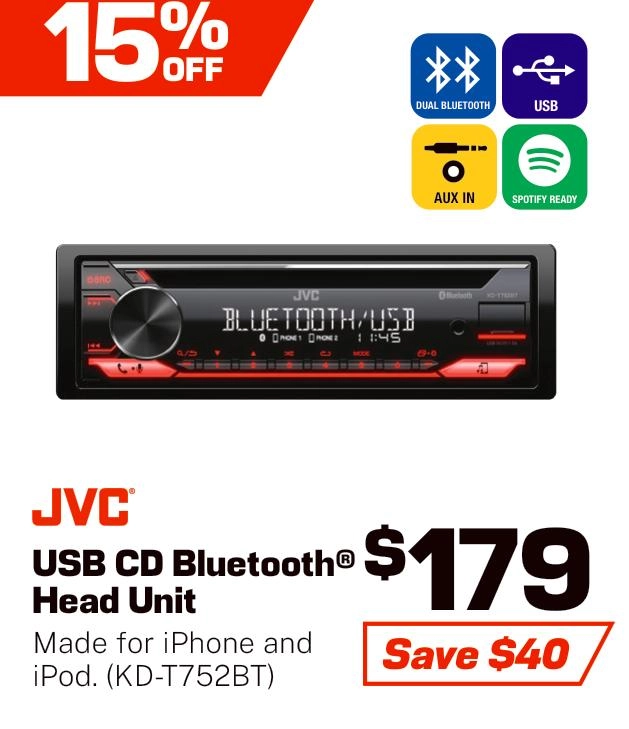 JVC Head Unit with Bluetooth/USB/CD - KD-T752BT