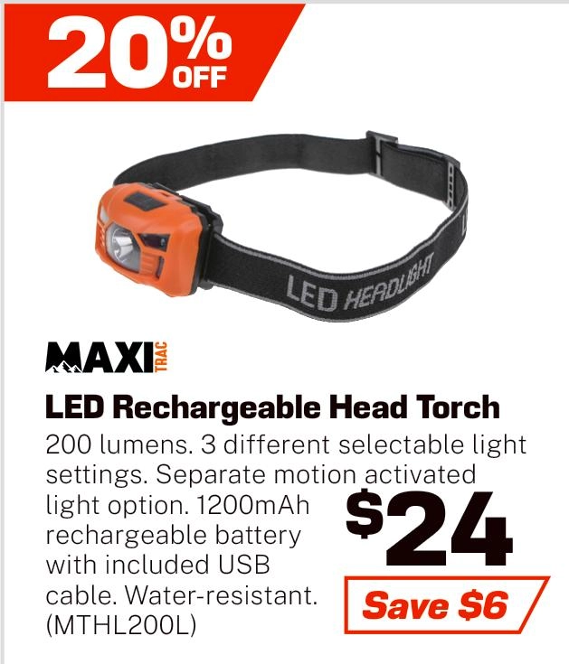 MaxiTrac 200 Lumen Rechargeable Head Torch