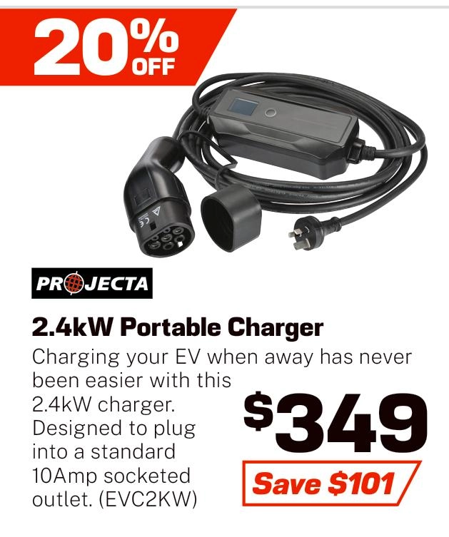 Projecta 2.4KW Portable EV Charger 10A Plug 240VAC - EVC2KW