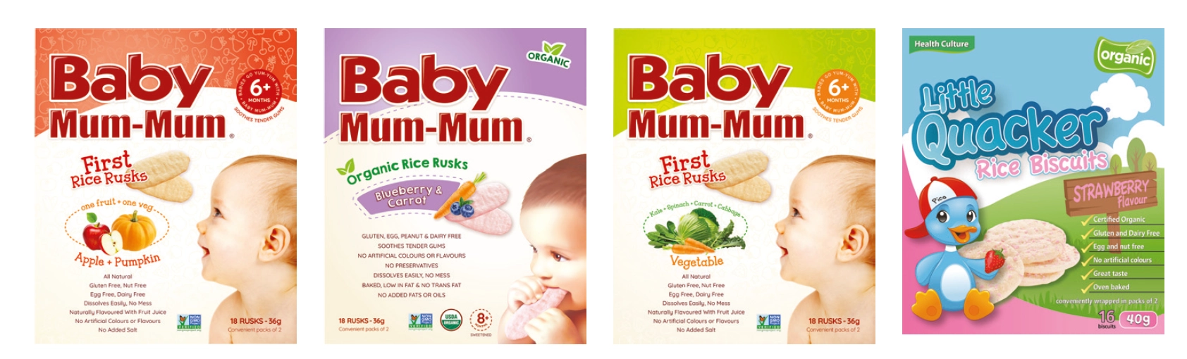 Baby Mum-Mum Rice Rusks 36g Assorted Variants or Little Quacker Rice Biscuits Strawberry Flavour 40g