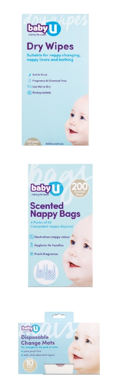 Baby U Dry Wipes 100, Nappy Bags 200 or Disposable Change Mats 10 Pack