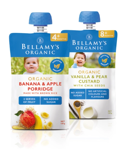 Bellamys Organic Banana Apple Porridge or Vanilla & Pear Custard with Chia Seeds 120g