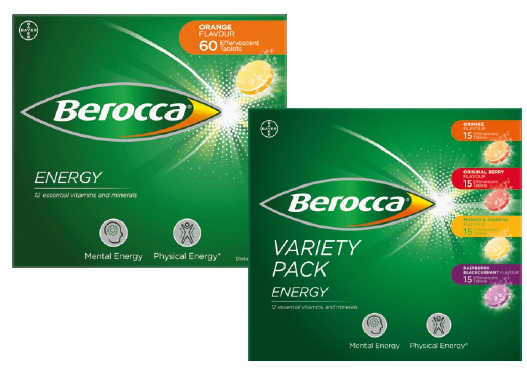 Berocca Energy Orange Flavour or Variety Pack 60 Effervescent Tablets