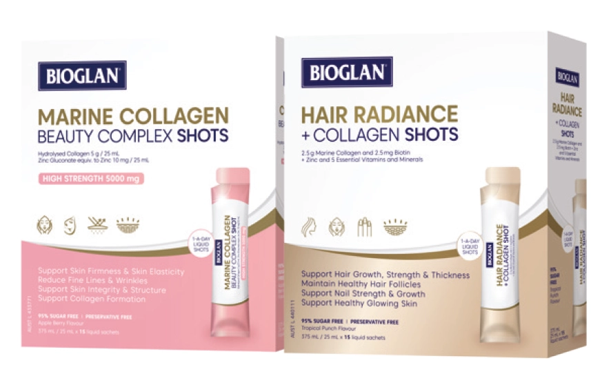 Bioglan Marine Collagen Beauty Complex or Hair Radiance + Collagen Shots 25ml x 15 Liquid Sachets