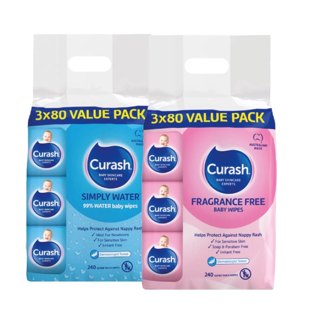 Curash Simply Water Wipes or Fragrance Free 3 x 80 Pack