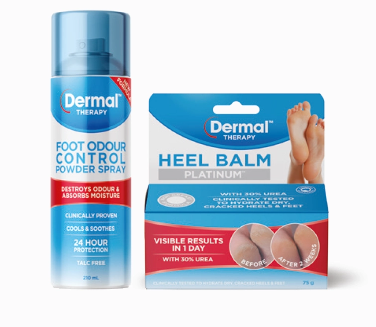 Dermal Therapy Foot Odour Control Powder Spray 210m or Heel Balm Platinum 75g