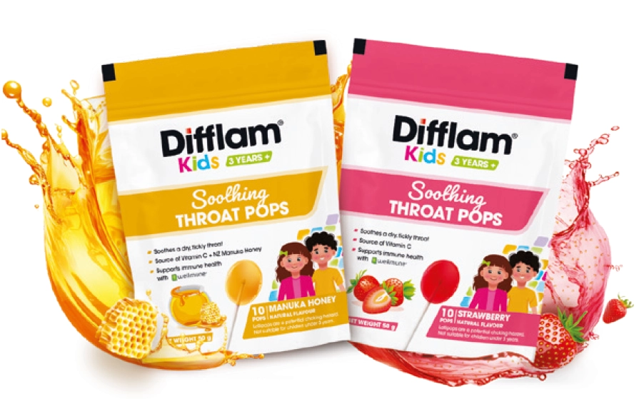 Difflam Kids 3 Years + Soothing Throat Pops Manuka Honey or Strawberry 10 Pack