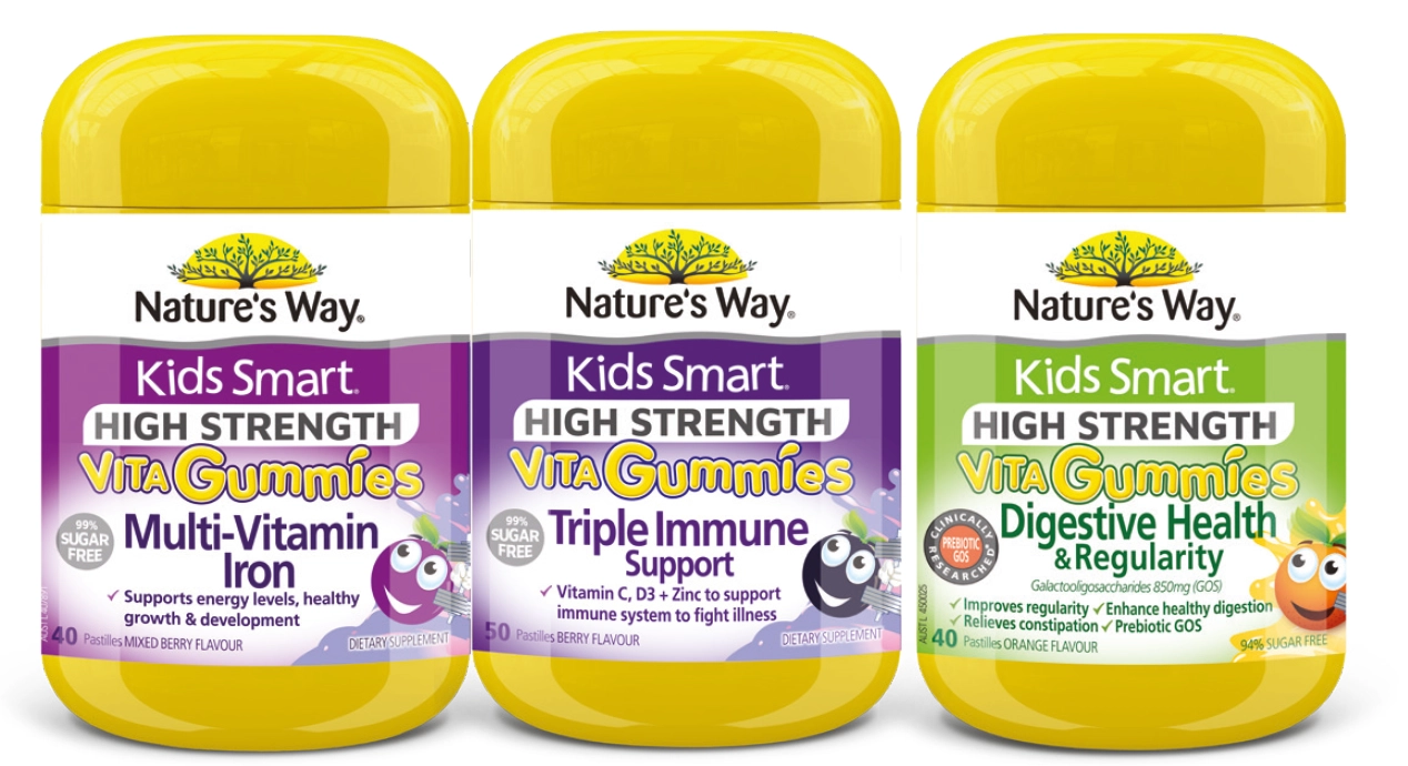 Nature’s Way Kids Smart Vita Gummies High Strength Multi-Vitamin + Iron 40 Pastilles, Triple Immune Support 50 Pastilles or High Strength Digestive Health & Regularity 40 Pastilles