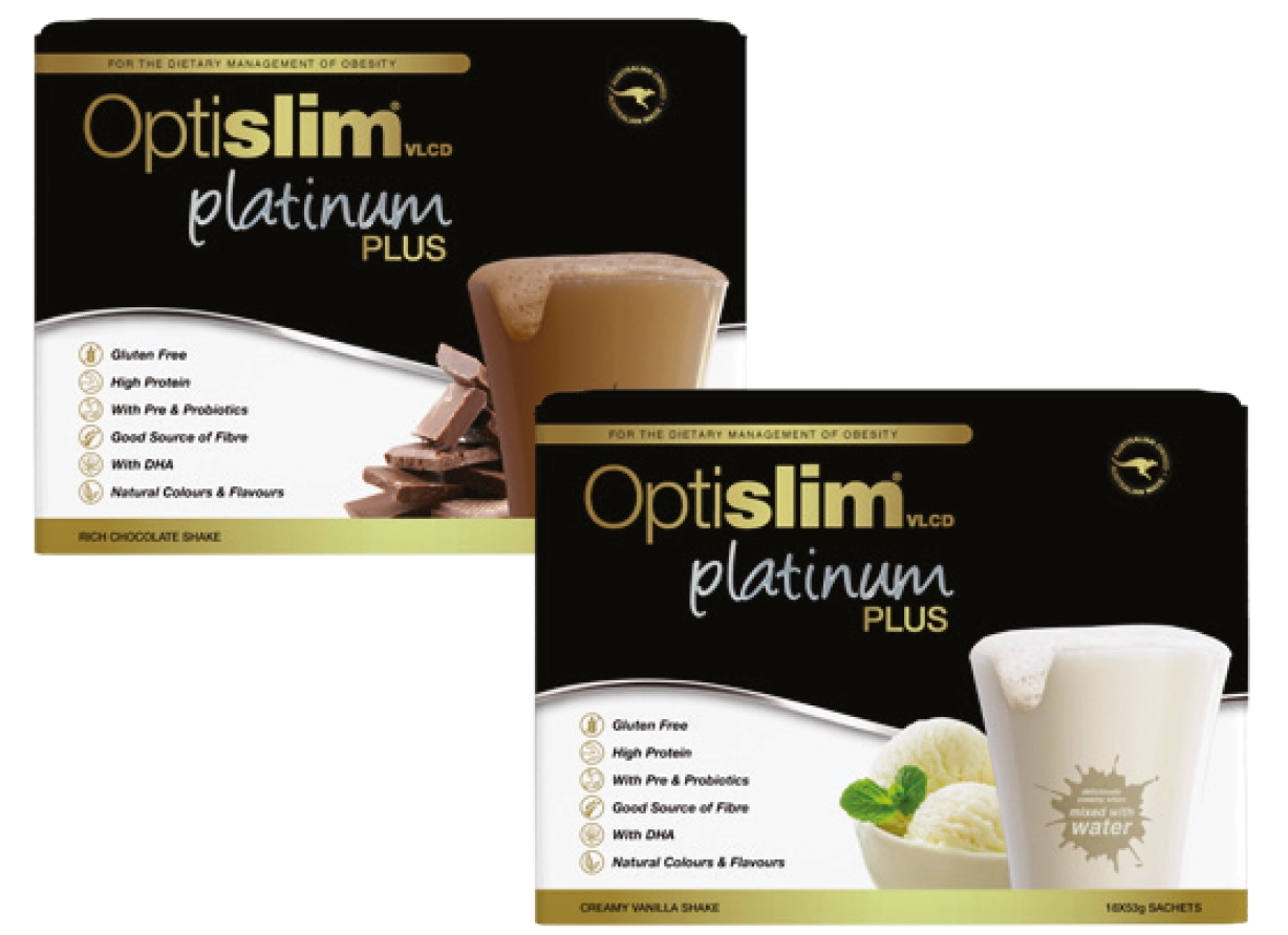 Optislim VLCD Platinum PLUS Chocolate or Vanilla Flavour 18 x 53g Sachets