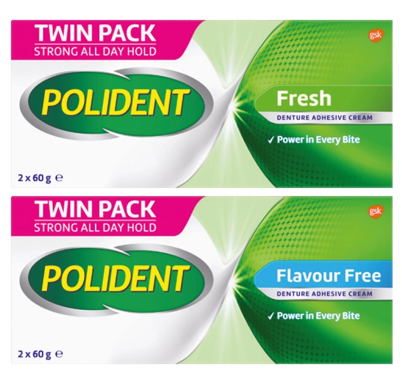 Polident Denture Adhesive Cream Fresh MInt or Flavour Free 2 x 60g Pack Exclusive Size