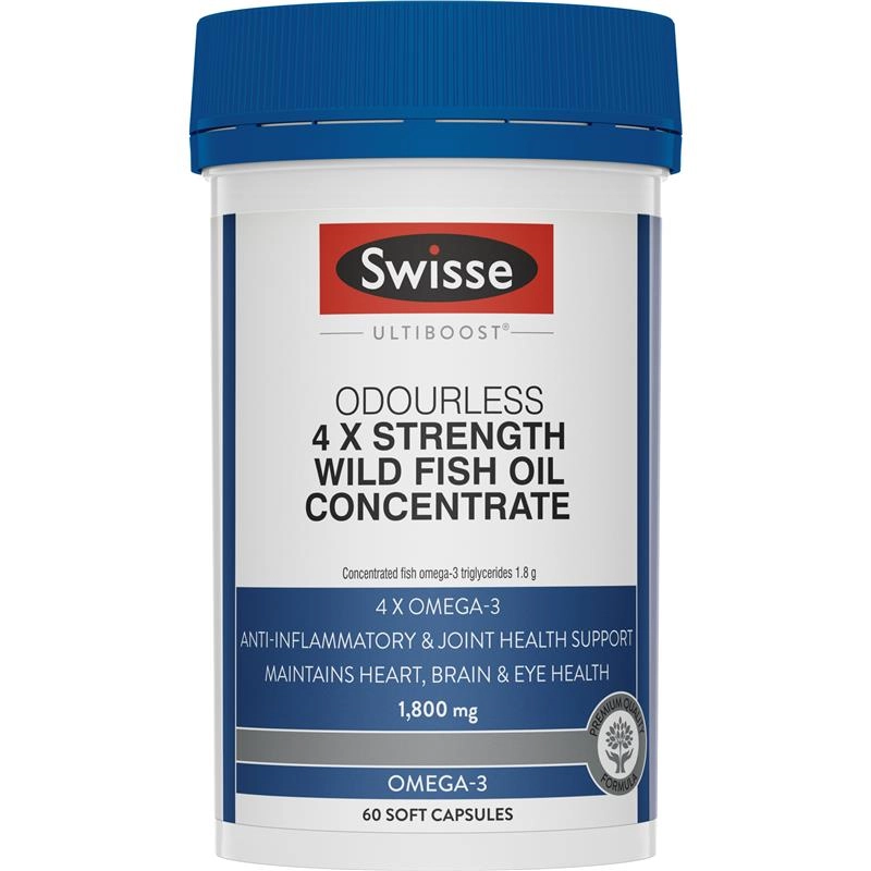 Swisse Ultiboost Odourless 4 X Strength Wild Fish Oil Concentrate 60 Soft Capsules