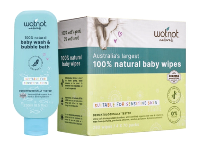 WotNot Naturals Baby Wash & Bubble Bath 250ml or Baby Wipes 4x70 Pack