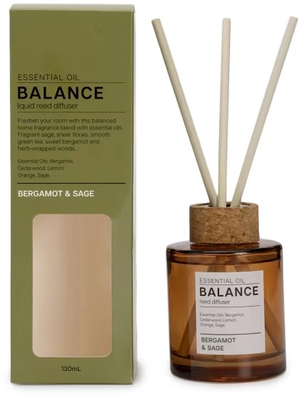 Aroma Balance Bergamot and Sage Essential Oil Blend Liquid Reed Diffuser 130ml