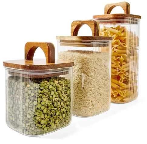 Set of 3 Linear Glass Canisters with Acacia Lids