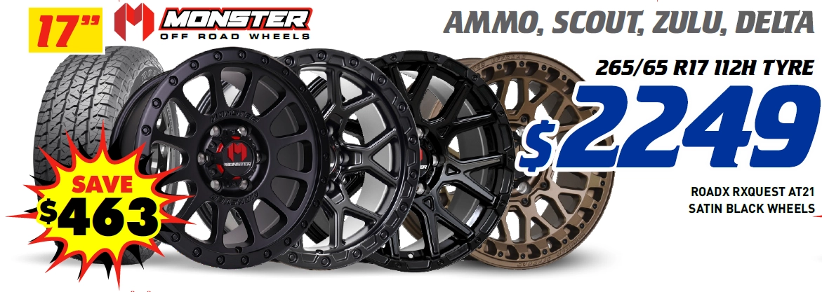 17" 4 Wheel & 4 Tyre Packages - Monster Ammo, Scout, Zulu, Delta RoadX Rxquest AT21