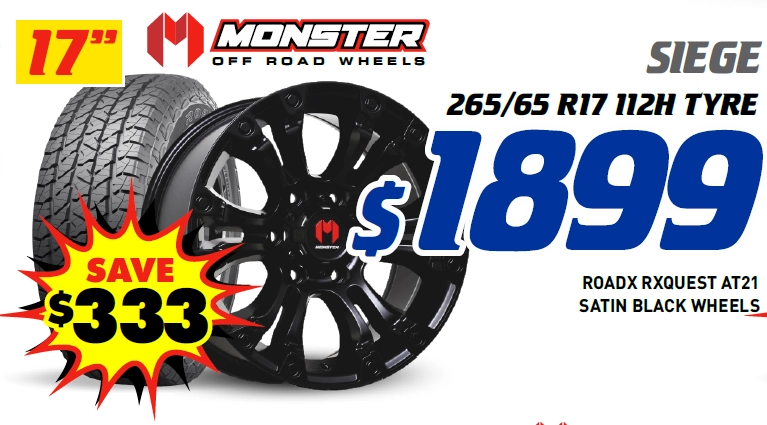 17" 4 Wheel & 4 Tyre Packages - Monster Siege RoadX Rxquest AT21