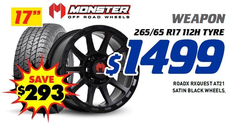 17" 4 Wheel & 4 Tyre Packages - Monster Weapon RoadX Rxquest AT21