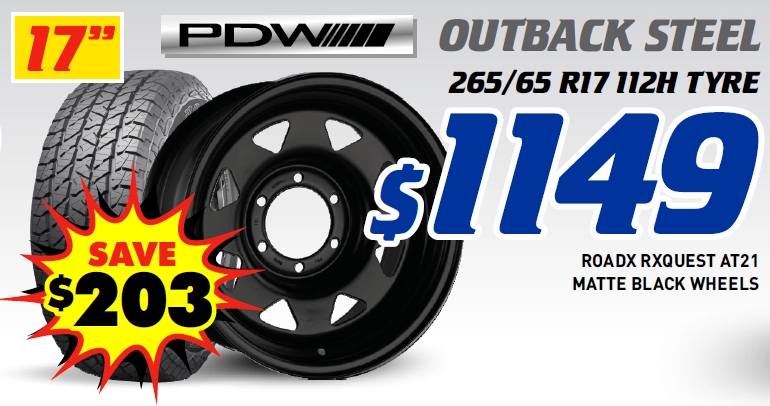 17" 4 Wheel & 4 Tyre Packages - PDW Outback Steel Wheels RoadX Rxquest AT21