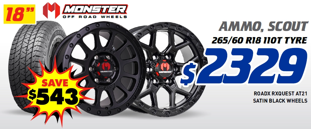 18" 4 Wheel & 4 Tyre Packages - Monster Ammo & Scout RoadX Rxquest AT21